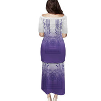 Philippines Barong Style Family Matching Puletasi and Hawaiian Shirt with Polynesian Art and Leaf Motif Purple Color