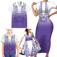 Philippines Barong Style Family Matching Short Sleeve Bodycon Dress and Hawaiian Shirt with Polynesian Art and Leaf Motif Purple Color