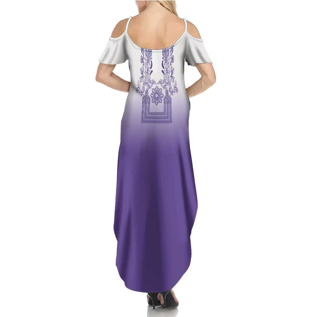 Philippines Barong Style Family Matching Summer Maxi Dress and Hawaiian Shirt with Polynesian Art and Leaf Motif Purple Color