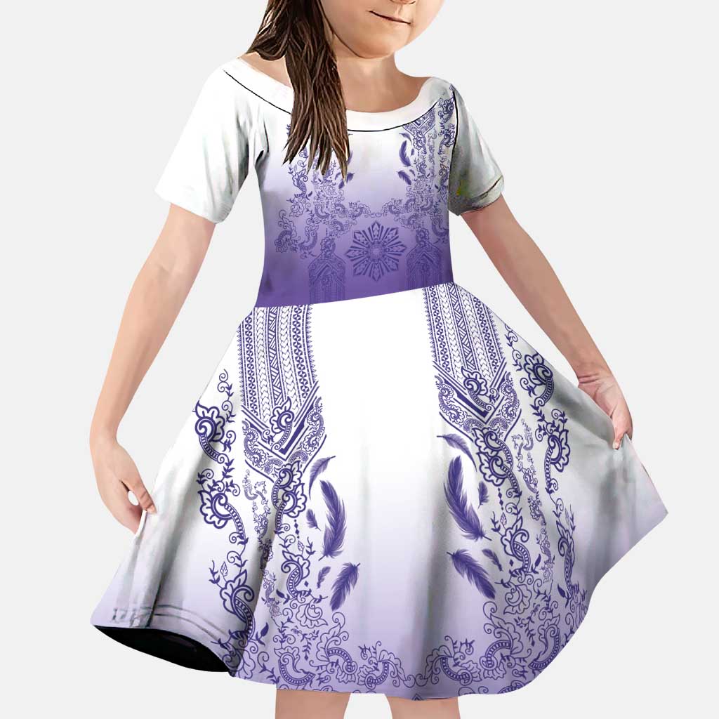 Philippines Barong Style Family Matching Tank Maxi Dress and Hawaiian Shirt with Polynesian Art and Leaf Motif Purple Color LT03 Daughter's Dress Purple - Polynesian Pride