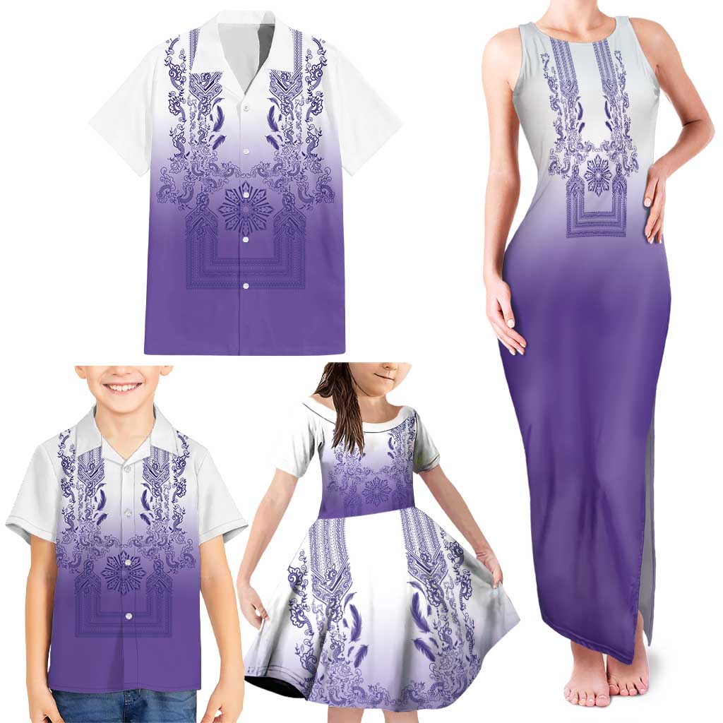 Philippines Barong Style Family Matching Tank Maxi Dress and Hawaiian Shirt with Polynesian Art and Leaf Motif Purple Color LT03 - Polynesian Pride