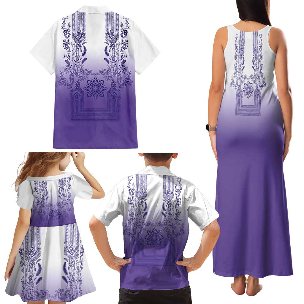 Philippines Barong Style Family Matching Tank Maxi Dress and Hawaiian Shirt with Polynesian Art and Leaf Motif Purple Color LT03 - Polynesian Pride