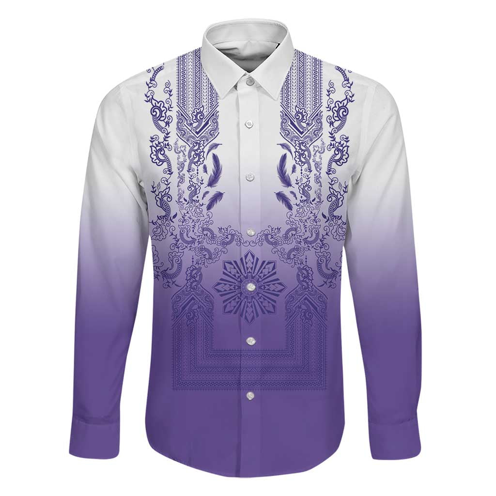 Philippines Barong Style Family Matching Tank Maxi Dress and Hawaiian Shirt with Polynesian Art and Leaf Motif Purple Color LT03 Dad's Shirt - Long Sleeve Purple - Polynesian Pride