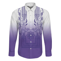 Philippines Barong Style Family Matching Tank Maxi Dress and Hawaiian Shirt with Polynesian Art and Leaf Motif Purple Color LT03 Dad's Shirt - Long Sleeve Purple - Polynesian Pride