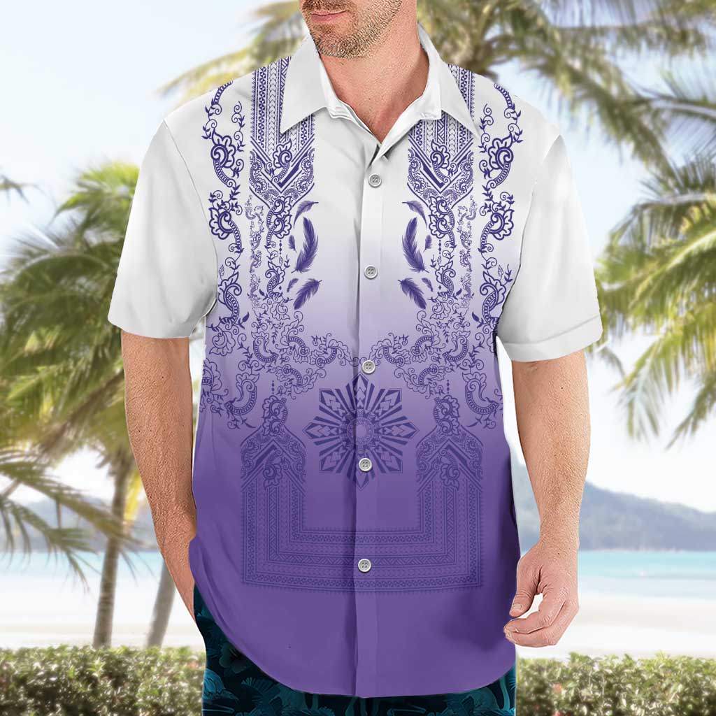 Philippines Barong Style Hawaiian Shirt with Polynesian Art and Leaf Motif Purple Color