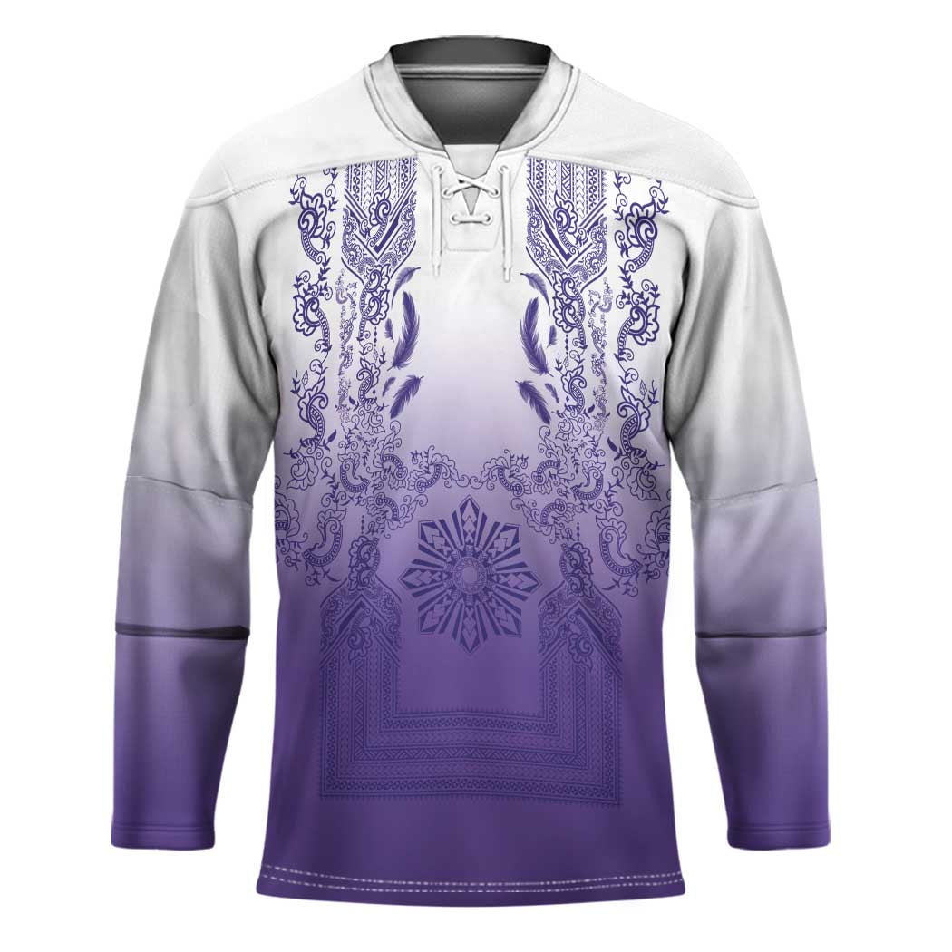Philippines Barong Style Hockey Jersey with Polynesian Art and Leaf Motif Purple Color LT03 Unisex Purple - Polynesian Pride
