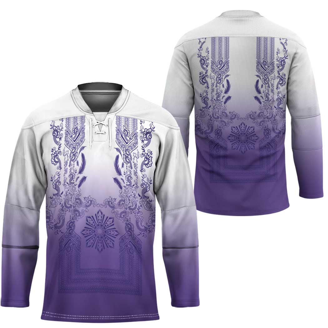 Philippines Barong Style Hockey Jersey with Polynesian Art and Leaf Motif Purple Color LT03 - Polynesian Pride