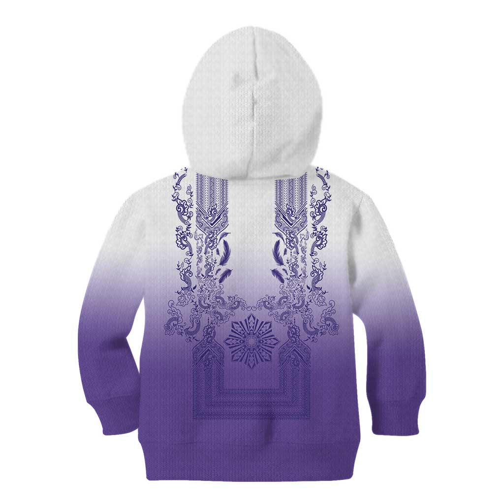 Philippines Barong Style Kid Hoodie with Polynesian Art and Leaf Motif Purple Color