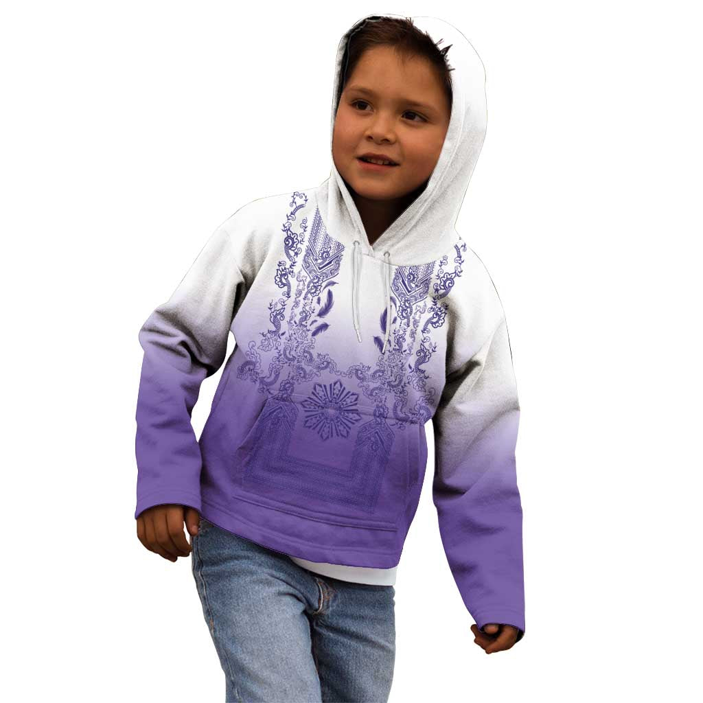 Philippines Barong Style Kid Hoodie with Polynesian Art and Leaf Motif Purple Color