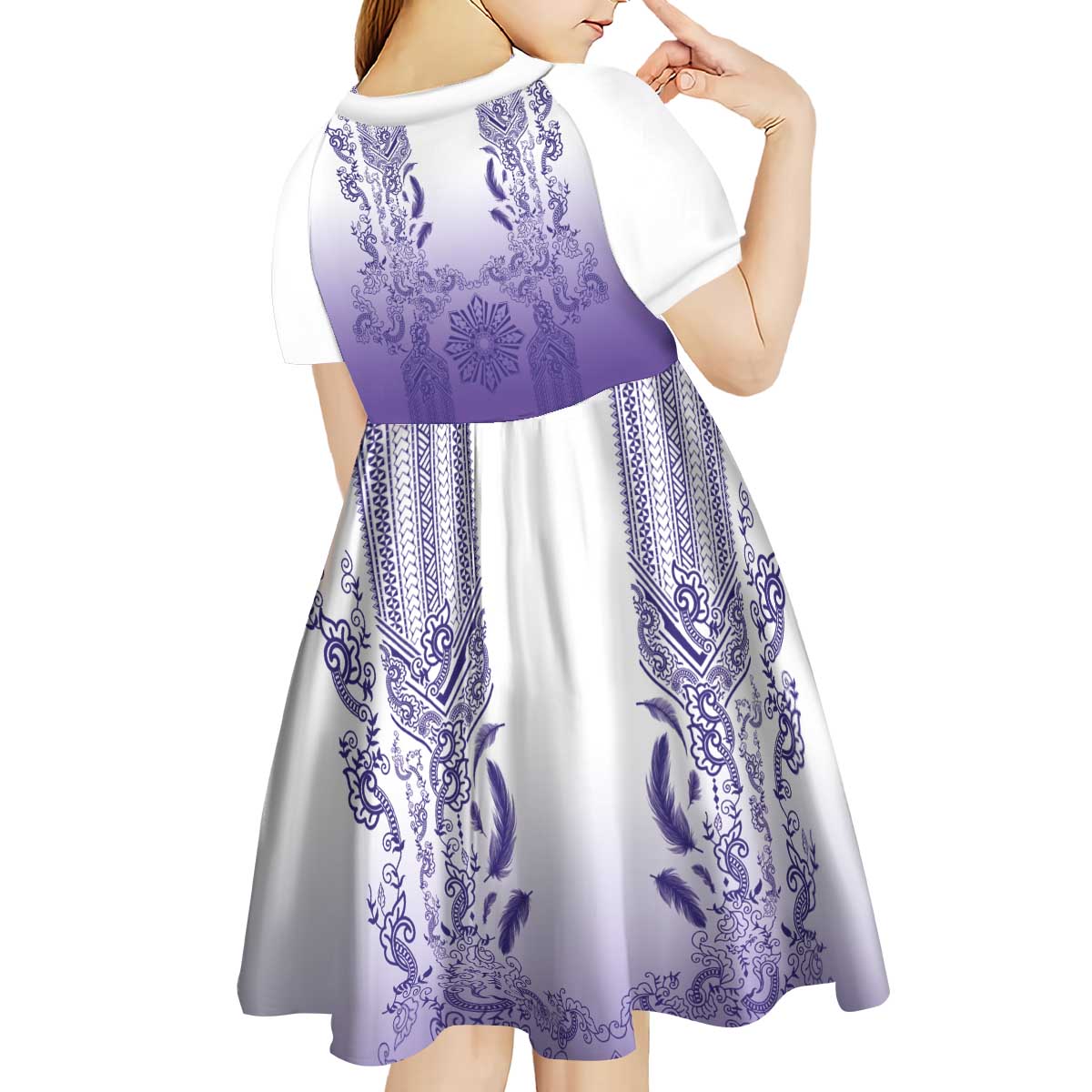 Philippines Barong Style Kid Short Sleeve Dress with Polynesian Art and Leaf Motif Purple Color