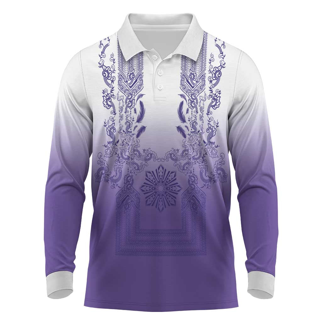 Philippines Barong Style Long Sleeve Polo Shirt with Polynesian Art and Leaf Motif Purple Color LT03 Purple - Polynesian Pride