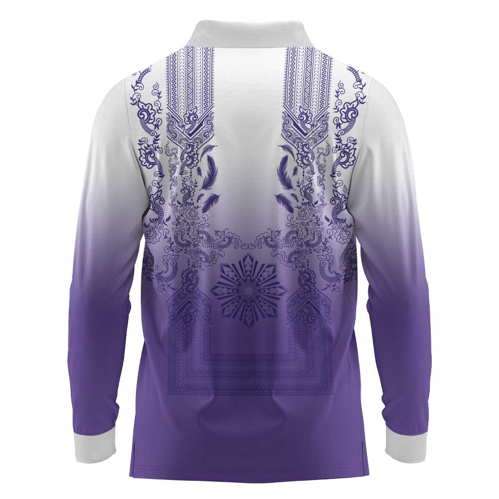 Philippines Barong Style Long Sleeve Polo Shirt with Polynesian Art and Leaf Motif Purple Color LT03 - Polynesian Pride