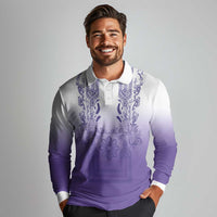 Philippines Barong Style Long Sleeve Polo Shirt with Polynesian Art and Leaf Motif Purple Color LT03 - Polynesian Pride