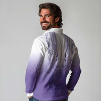 Philippines Barong Style Long Sleeve Polo Shirt with Polynesian Art and Leaf Motif Purple Color LT03 - Polynesian Pride