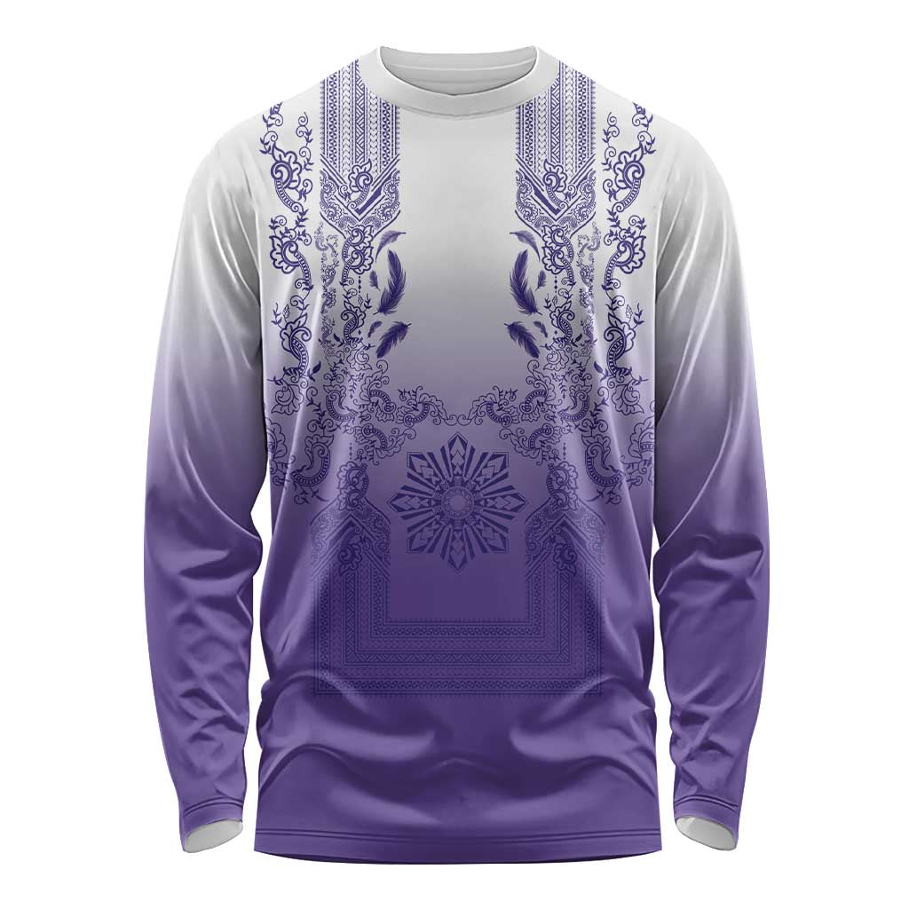 Philippines Barong Style Long Sleeve Shirt with Polynesian Art and Leaf Motif Purple Color LT03 Unisex Purple - Polynesian Pride