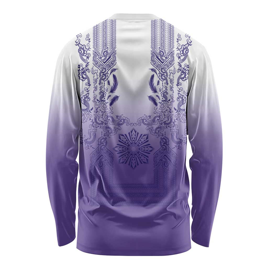 Philippines Barong Style Long Sleeve Shirt with Polynesian Art and Leaf Motif Purple Color LT03 - Polynesian Pride