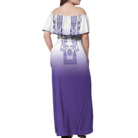 Philippines Barong Style Off Shoulder Maxi Dress with Polynesian Art and Leaf Motif Purple Color
