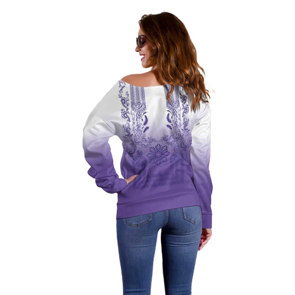 Philippines Barong Style Off Shoulder Sweater with Polynesian Art and Leaf Motif Purple Color