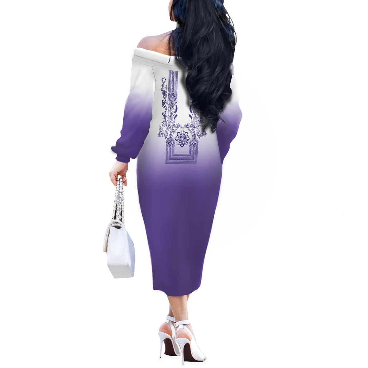 Philippines Barong Style Off The Shoulder Long Sleeve Dress with Polynesian Art and Leaf Motif Purple Color