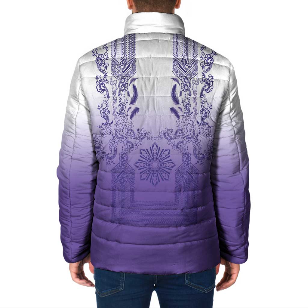 Philippines Barong Style Padded Jacket with Polynesian Art and Leaf Motif Purple Color