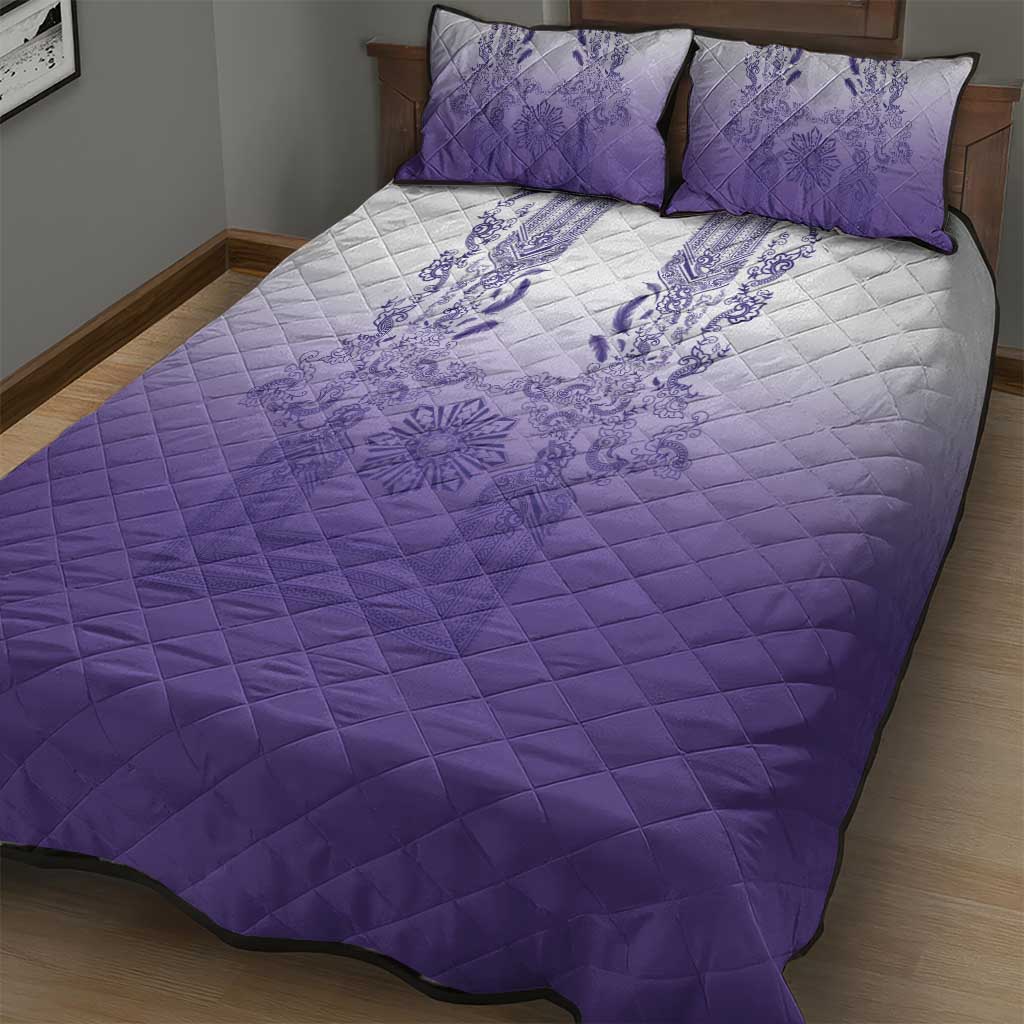Philippines Barong Style Quilt Bed Set with Polynesian Art and Leaf Motif Purple Color