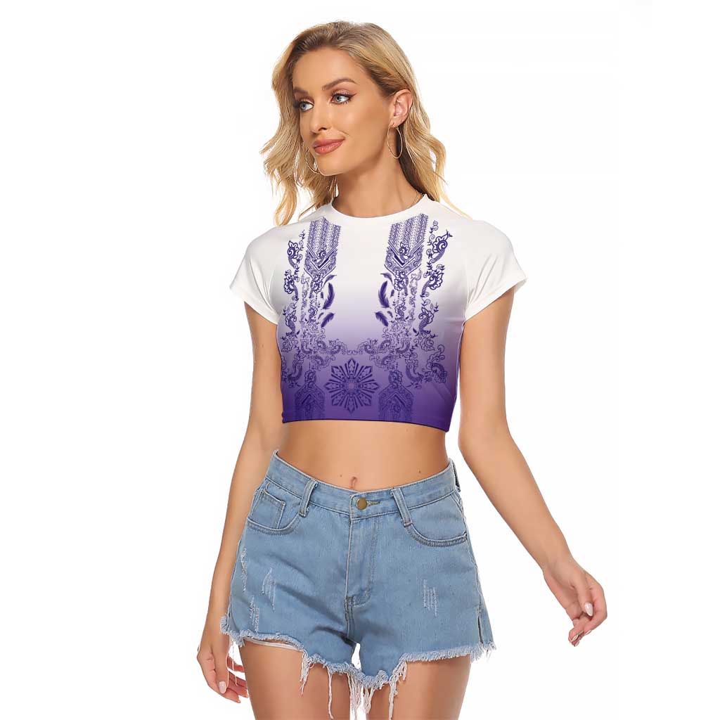 Philippines Barong Style Raglan Cropped T Shirt with Polynesian Art and Leaf Motif Purple Color LT03 Female Purple - Polynesian Pride