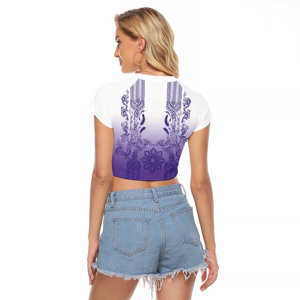 Philippines Barong Style Raglan Cropped T Shirt with Polynesian Art and Leaf Motif Purple Color LT03 - Polynesian Pride