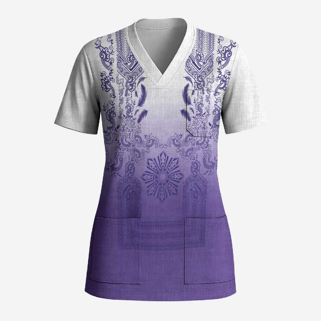 Philippines Barong Style Scrub Top with Polynesian Art and Leaf Motif Purple Color LT03 Adult Purple - Polynesian Pride