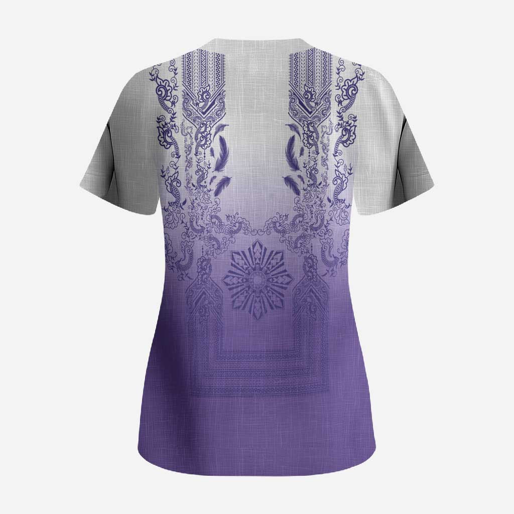 Philippines Barong Style Scrub Top with Polynesian Art and Leaf Motif Purple Color LT03 - Polynesian Pride