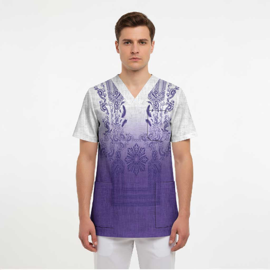 Philippines Barong Style Scrub Top with Polynesian Art and Leaf Motif Purple Color LT03 - Polynesian Pride