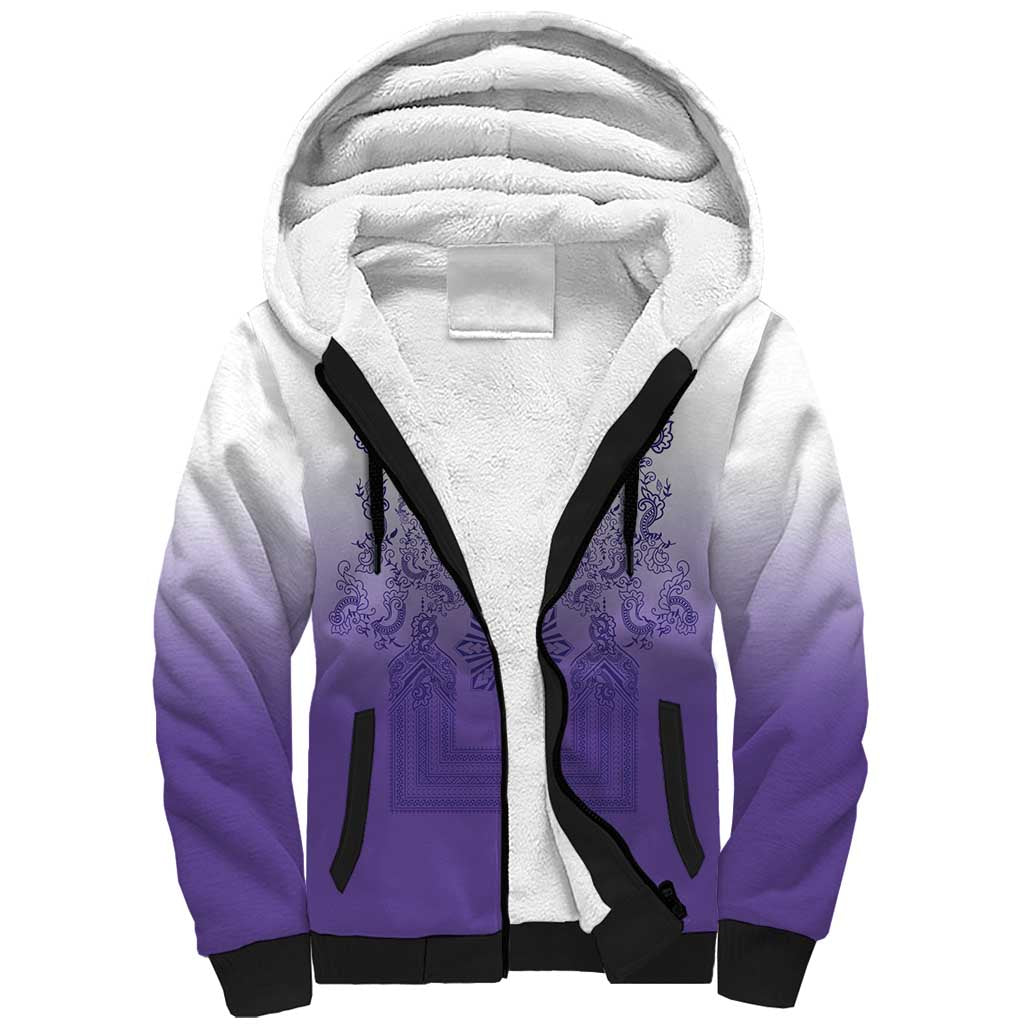 Philippines Barong Style Sherpa Hoodie with Polynesian Art and Leaf Motif Purple Color