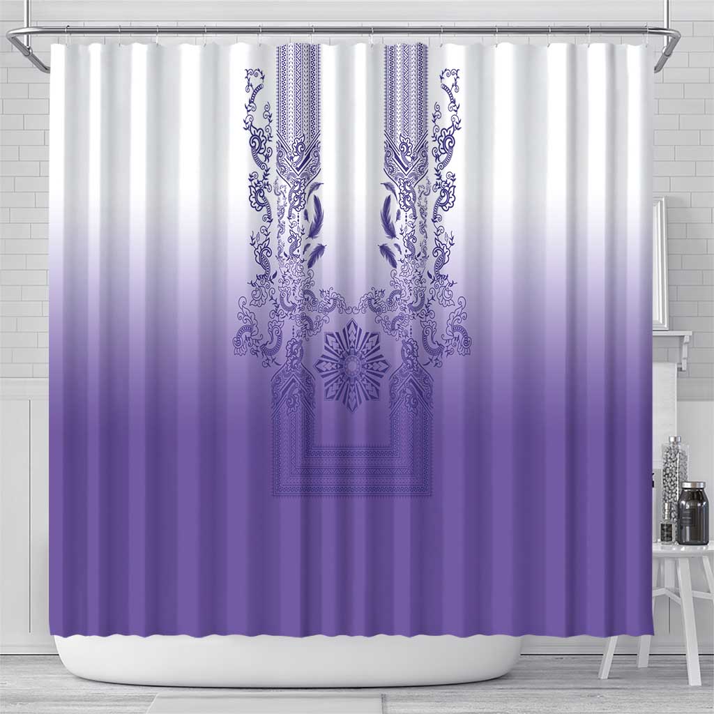 Philippines Barong Style Shower Curtain with Polynesian Art and Leaf Motif Purple Color