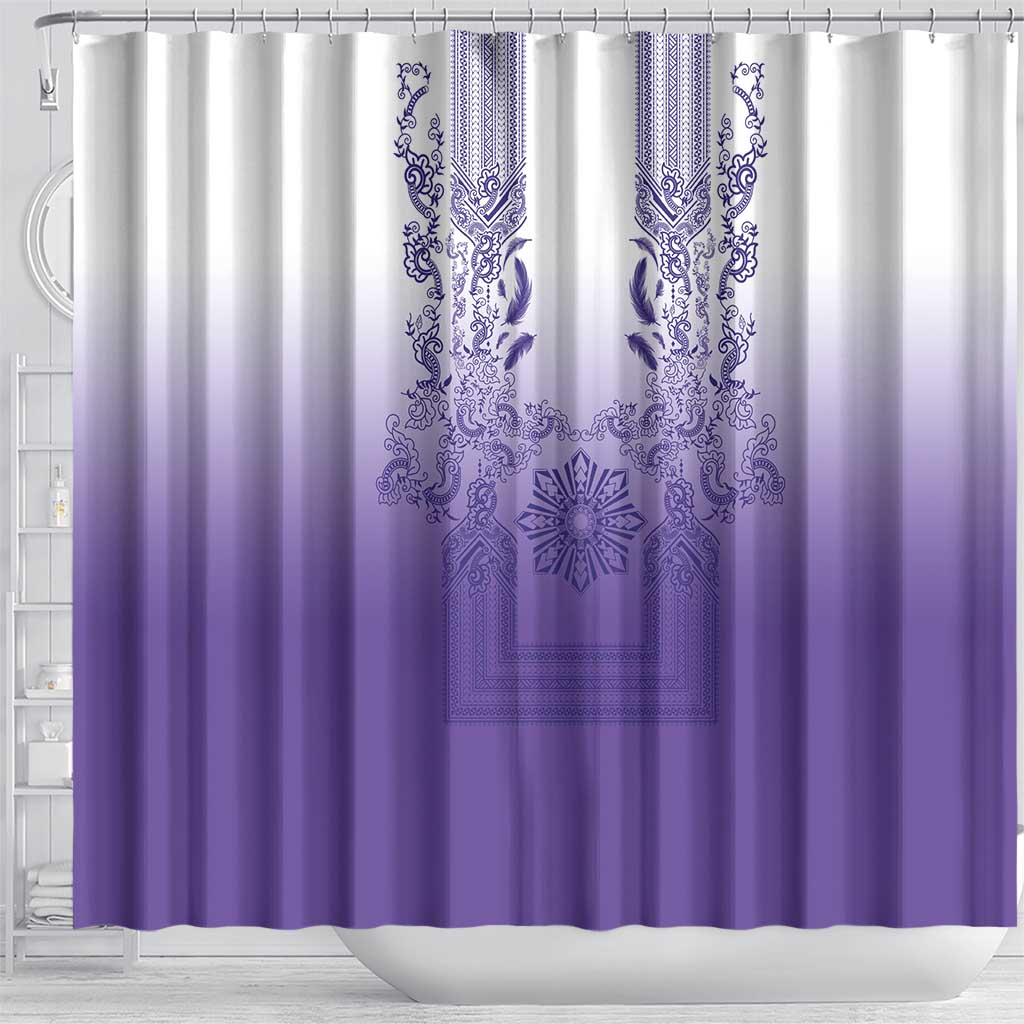 Philippines Barong Style Shower Curtain with Polynesian Art and Leaf Motif Purple Color