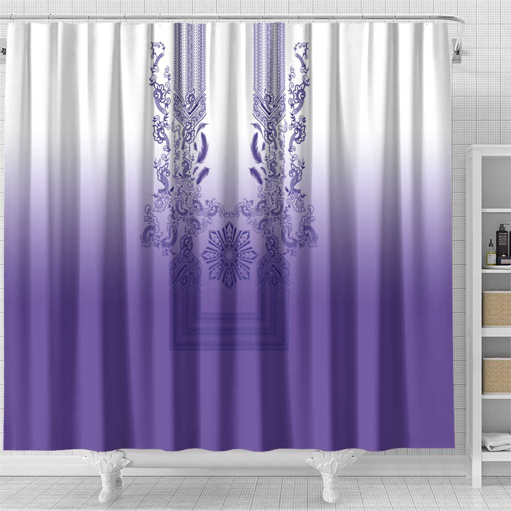 Philippines Barong Style Shower Curtain with Polynesian Art and Leaf Motif Purple Color