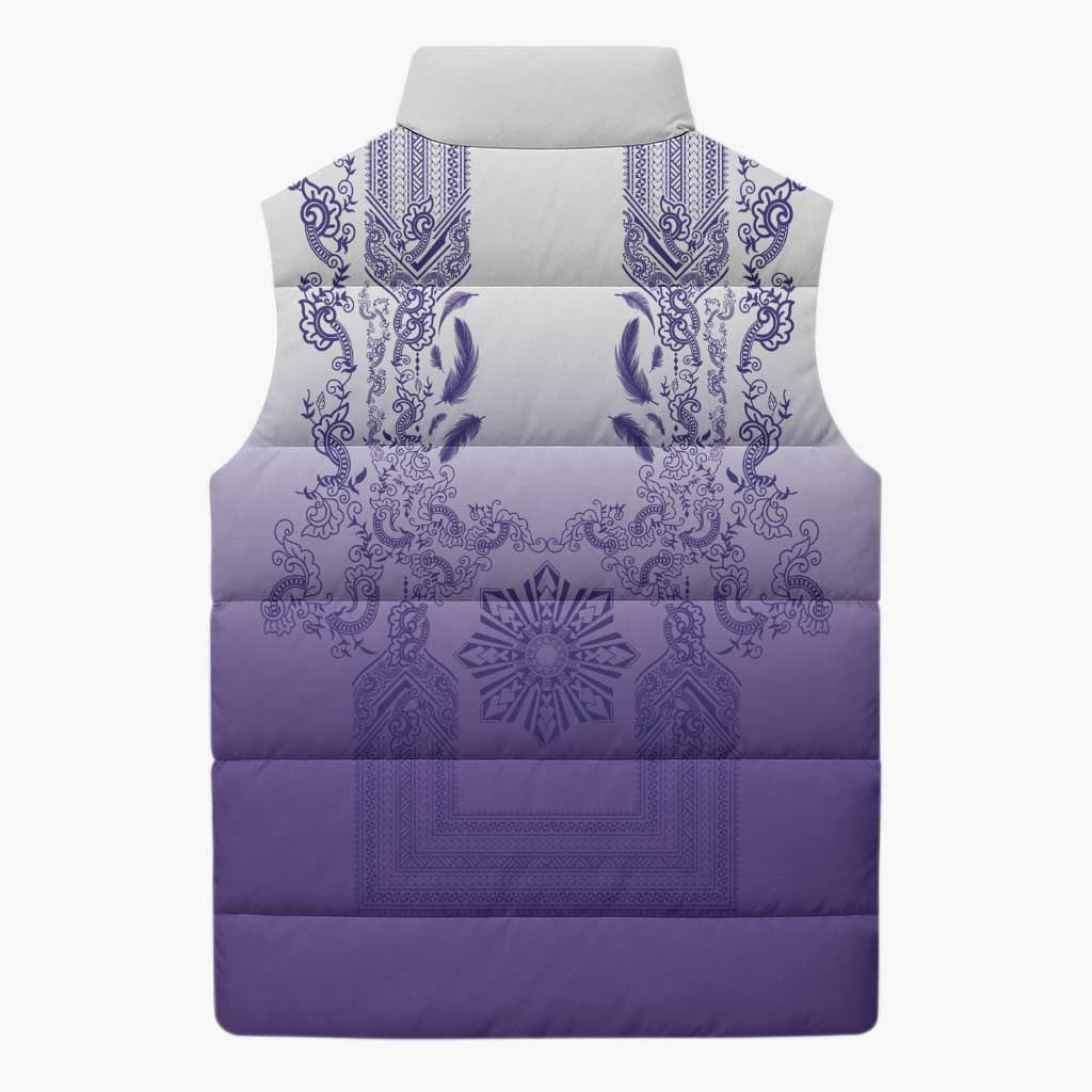 Philippines Barong Style Sleeveless Puffer Jacket with Polynesian Art and Leaf Motif Purple Color