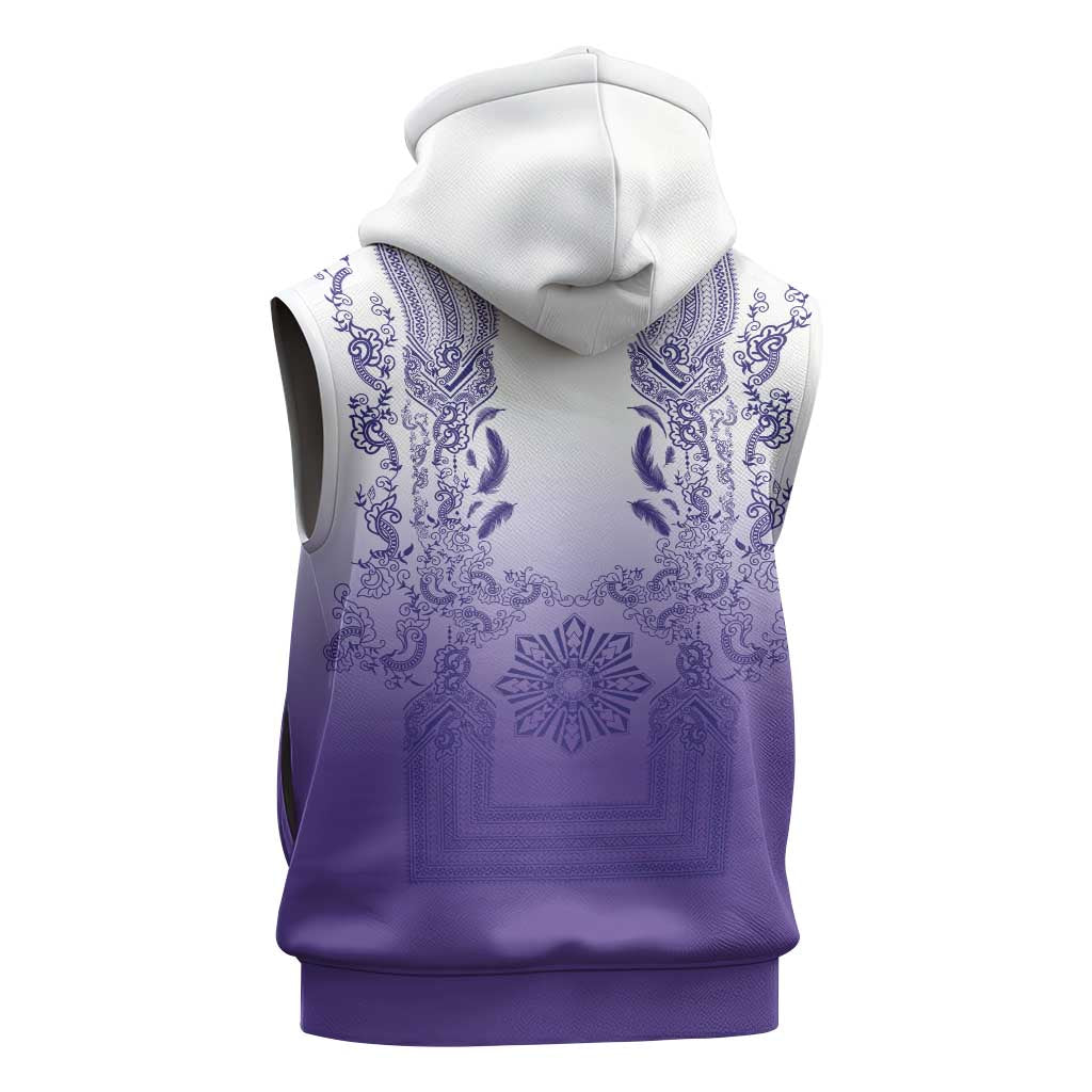 Philippines Barong Style Sleeveless Zip Hoodie with Polynesian Art and Leaf Motif Purple Color