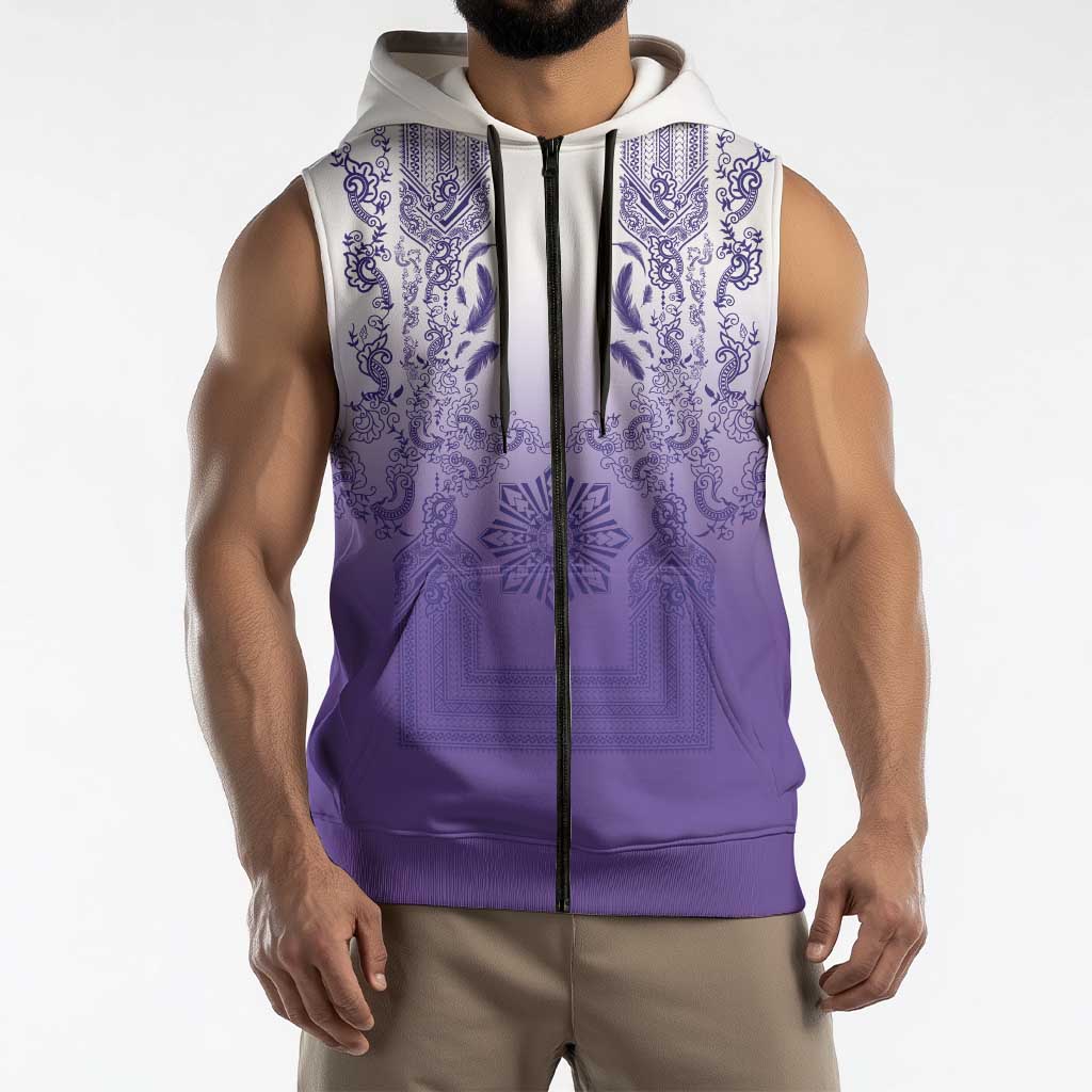 Philippines Barong Style Sleeveless Zip Hoodie with Polynesian Art and Leaf Motif Purple Color