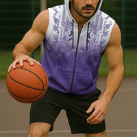 Philippines Barong Style Sleeveless Zip Hoodie with Polynesian Art and Leaf Motif Purple Color