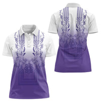 Philippines Barong Style Women Polo Shirt with Polynesian Art and Leaf Motif Purple Color