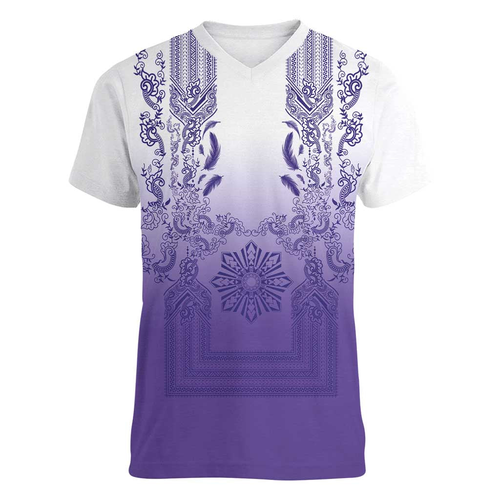 Philippines Barong Style Women V-Neck T-Shirt with Polynesian Art and Leaf Motif Purple Color