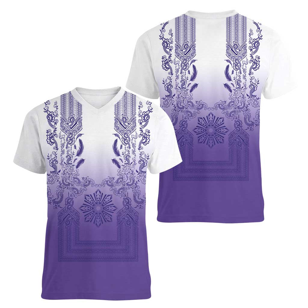 Philippines Barong Style Women V-Neck T-Shirt with Polynesian Art and Leaf Motif Purple Color