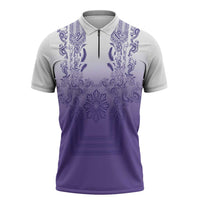 Philippines Barong Style Zipper Polo Shirt with Polynesian Art and Leaf Motif Purple Color
