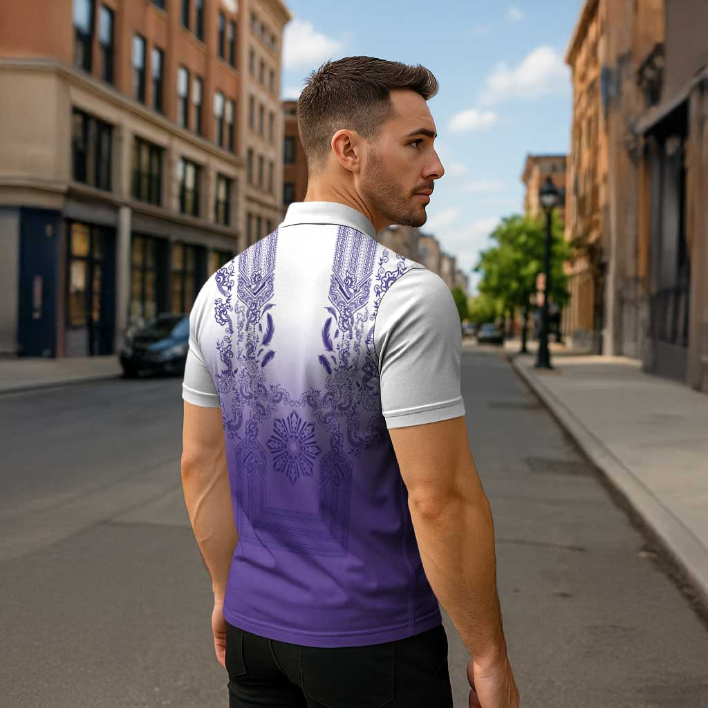 Philippines Barong Style Zipper Polo Shirt with Polynesian Art and Leaf Motif Purple Color