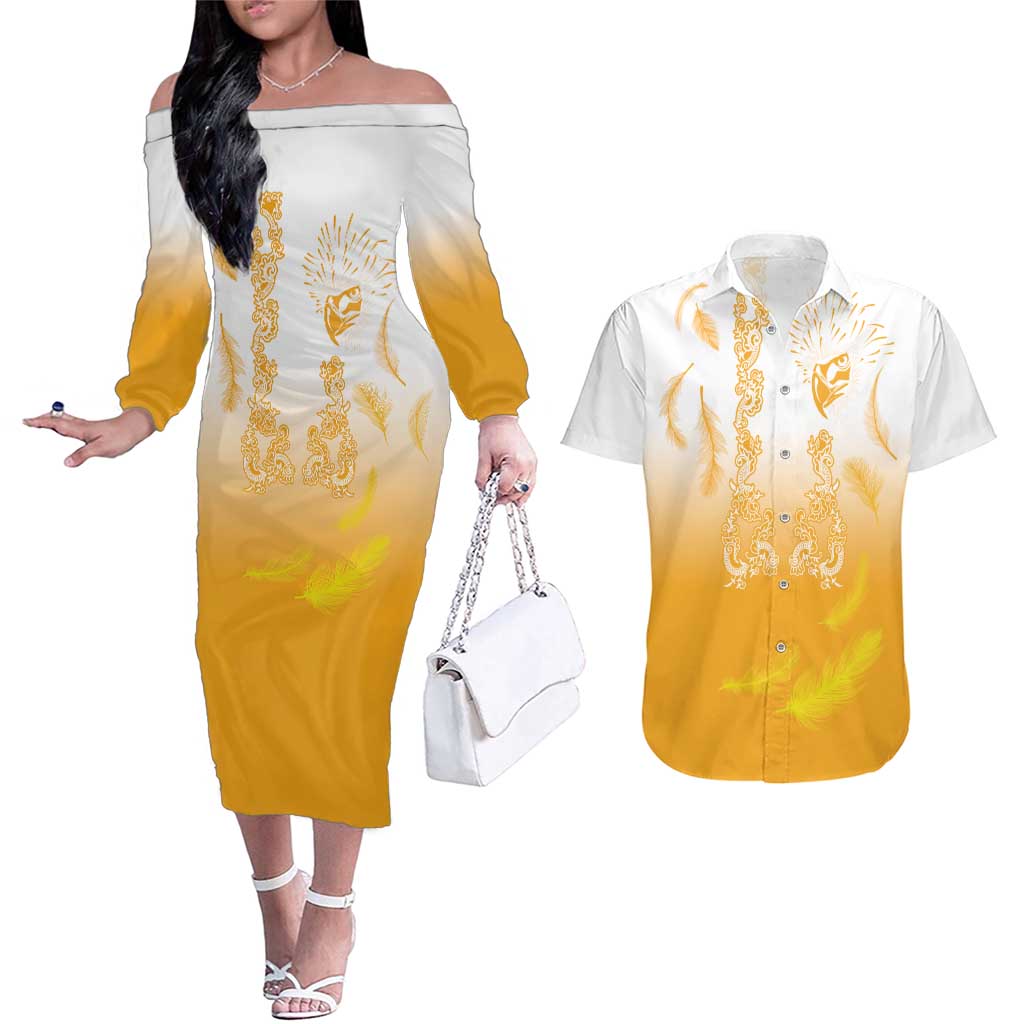 Philippines National Costume Style Couples Matching Off The Shoulder Long Sleeve Dress and Hawaiian Shirt Barong Tagalog and Eagle Feather Yellow Color