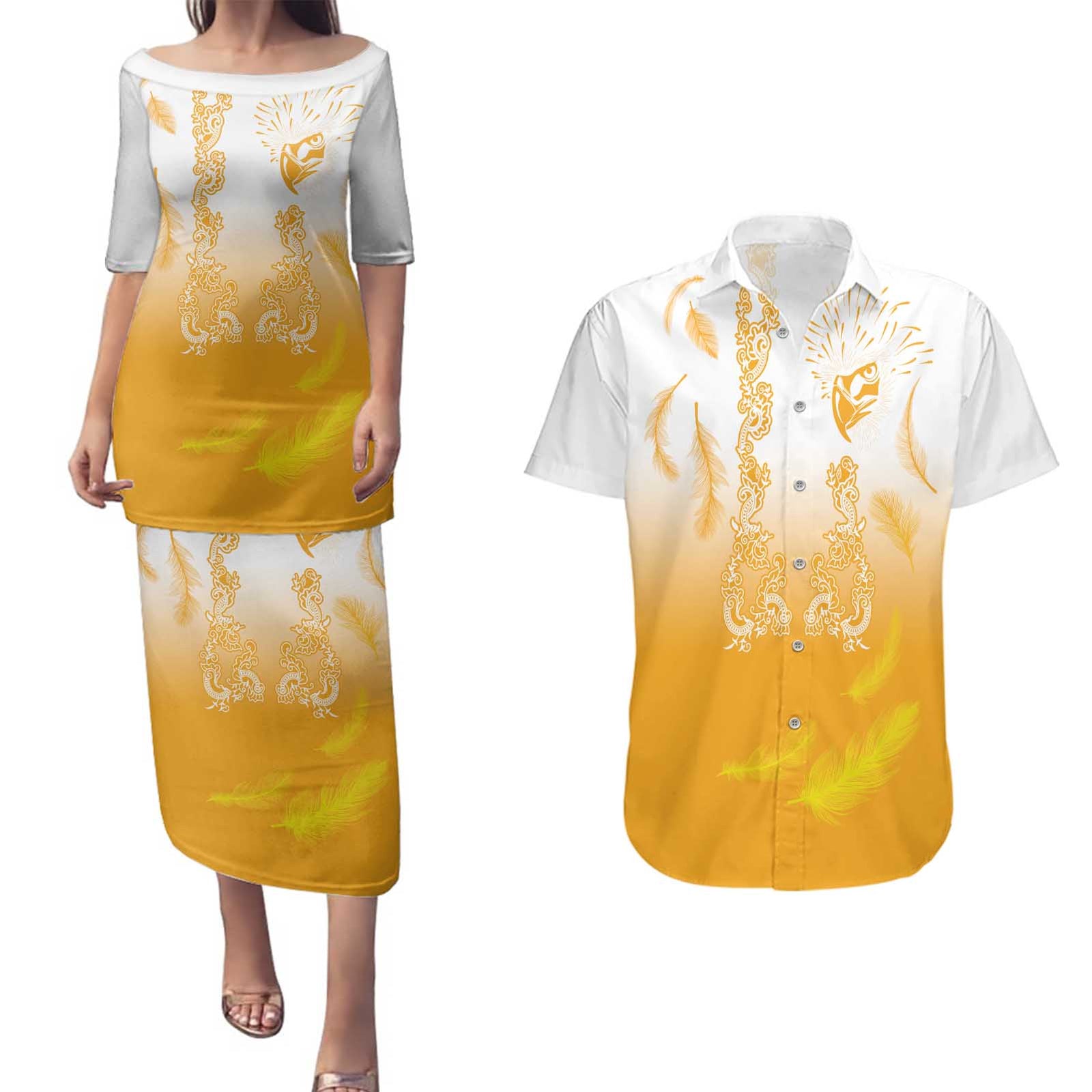 Philippines National Costume Style Couples Matching Puletasi and Hawaiian Shirt Barong Tagalog and Eagle Feather Yellow Color