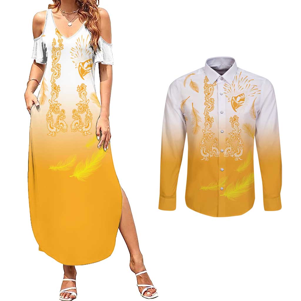 Philippines National Costume Style Couples Matching Summer Maxi Dress and Long Sleeve Button Shirt Barong Tagalog and Eagle Feather Yellow Color
