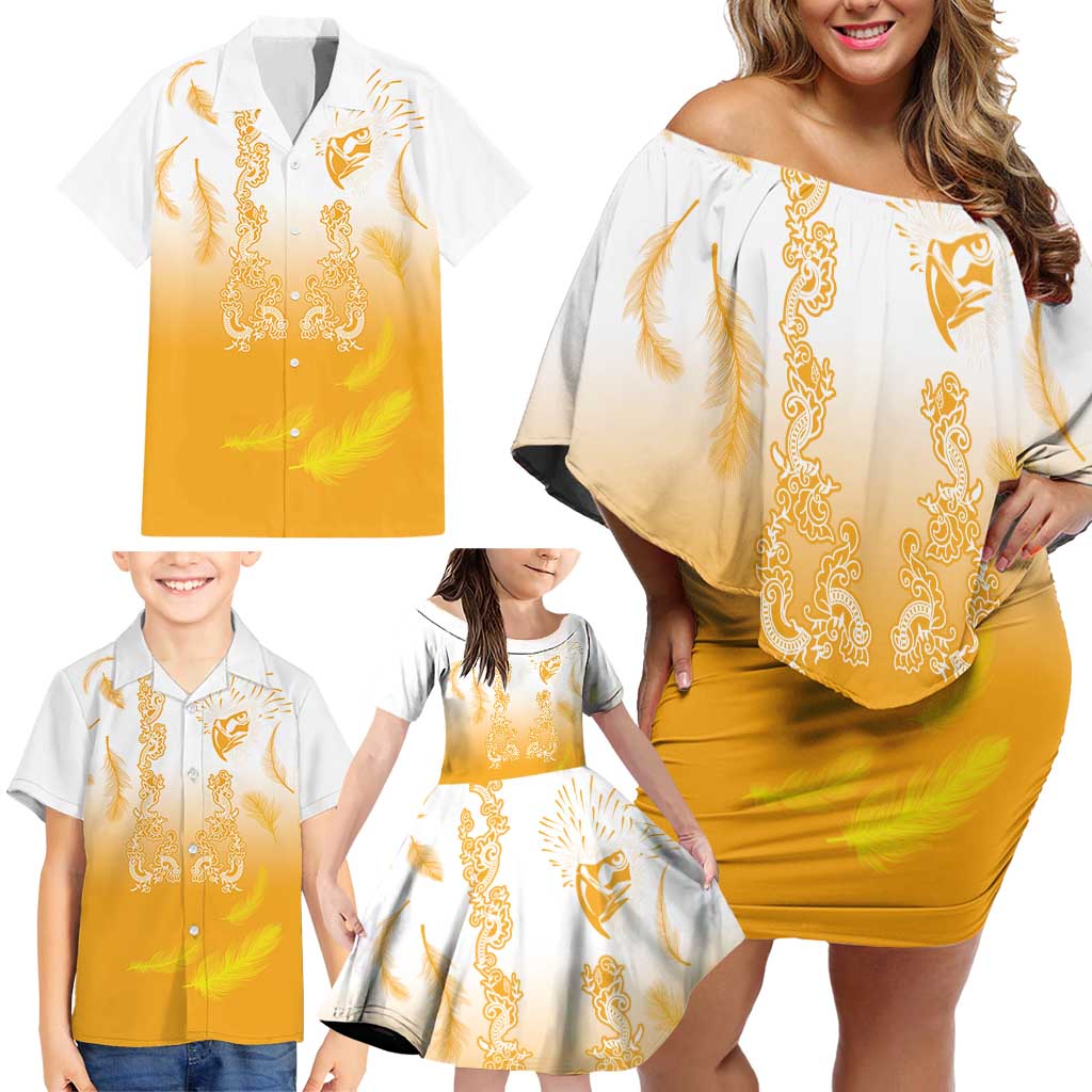 Philippines National Costume Style Family Matching Off Shoulder Short Dress and Hawaiian Shirt Barong Tagalog and Eagle Feather Yellow Color