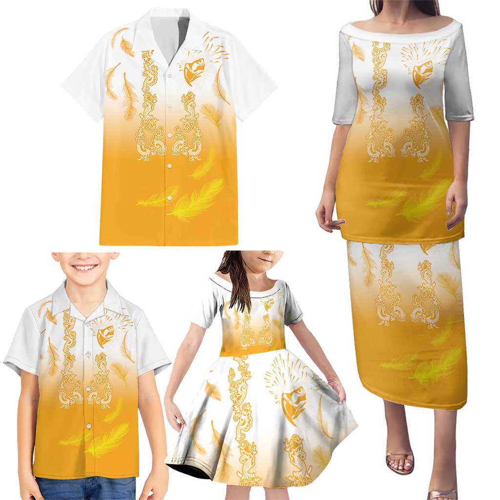 Philippines National Costume Style Family Matching Puletasi and Hawaiian Shirt Barong Tagalog and Eagle Feather Yellow Color