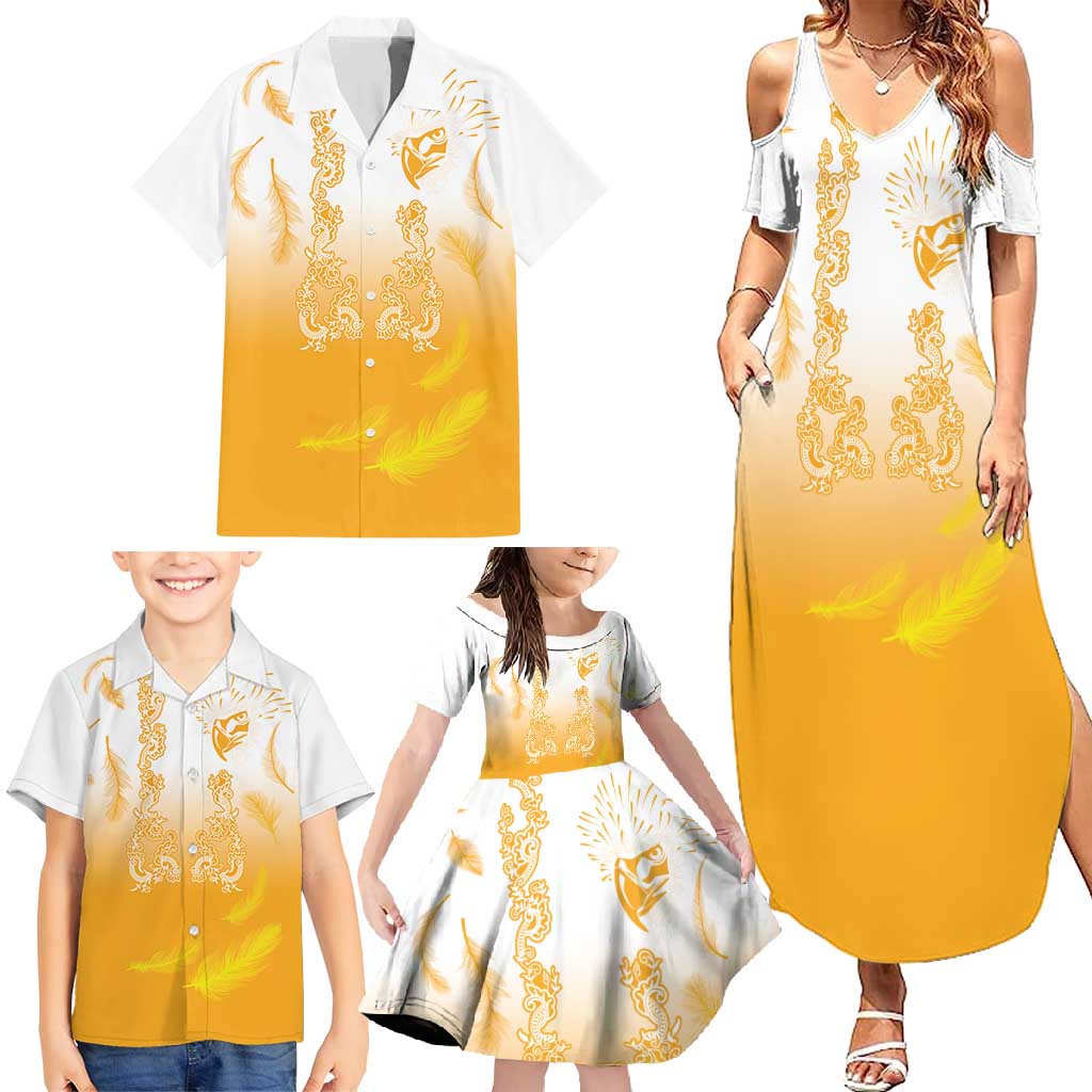 Philippines National Costume Style Family Matching Summer Maxi Dress and Hawaiian Shirt Barong Tagalog and Eagle Feather Yellow Color