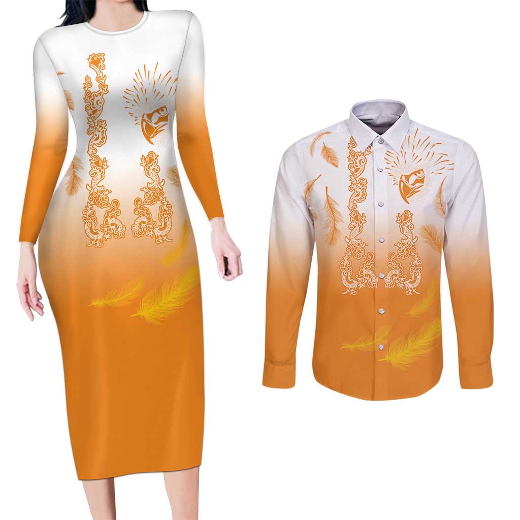 Philippines National Costume Style Couples Matching Long Sleeve Bodycon Dress and Long Sleeve Button Shirt Barong Tagalog and Eagle Feather Orange Color